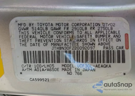 2002 Lexus Ls 430 from USA, damaged, VIN JTHBN30F220092097